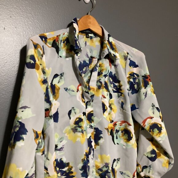 The Limited Size M Button Up Blouse Floral Blue Grey Yellow Long Sleeve Flowy - Picture 1 of 9